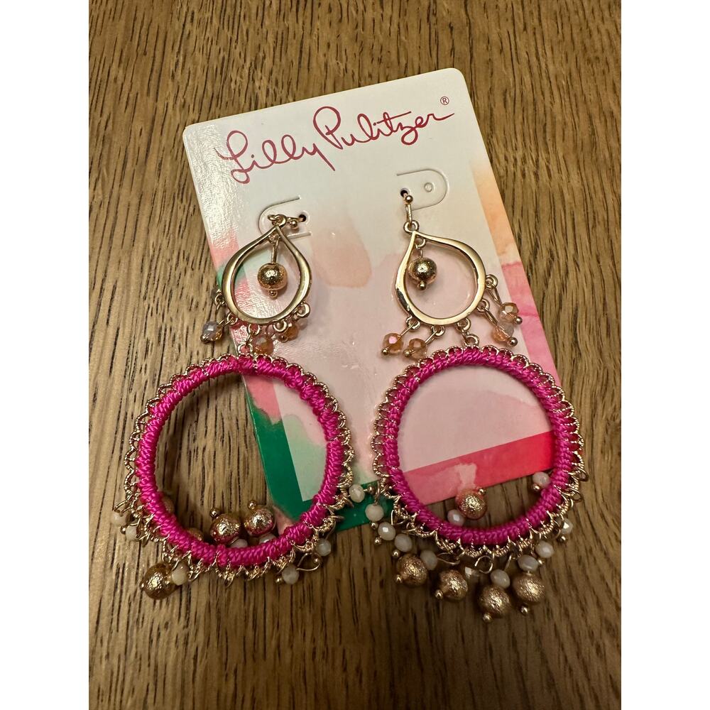 NWT Lilly Pulitzer Beachcomber Beaded Raz Berry Pink Chandelier Dangle Earrings